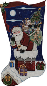 Needlepoint Handpainted Rebecca Wood Christmas Stocking Down Chimney 19"