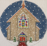 Needlepoint Handpainted Purple Palm Old Stone Church 4"