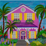 Needlepoint Handpainted JP Needlepoint Pink Beach Bungalow 9x9