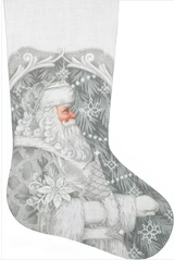 Needlepoint Handpainted LIZ Goodrick Dillon Christmas Stocking Silver Santa 21"