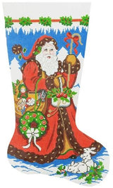 Needlepoint HandPainted Lee Christmas Stocking Strolling Santa 23"