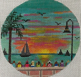 Needlepoint Handpainted Christmas Purple Palm Sunset Celebration 4"