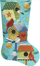 Needlepoint Handpainted Ashley Dillon Davis Christmas Stocking Winter Bird Houses