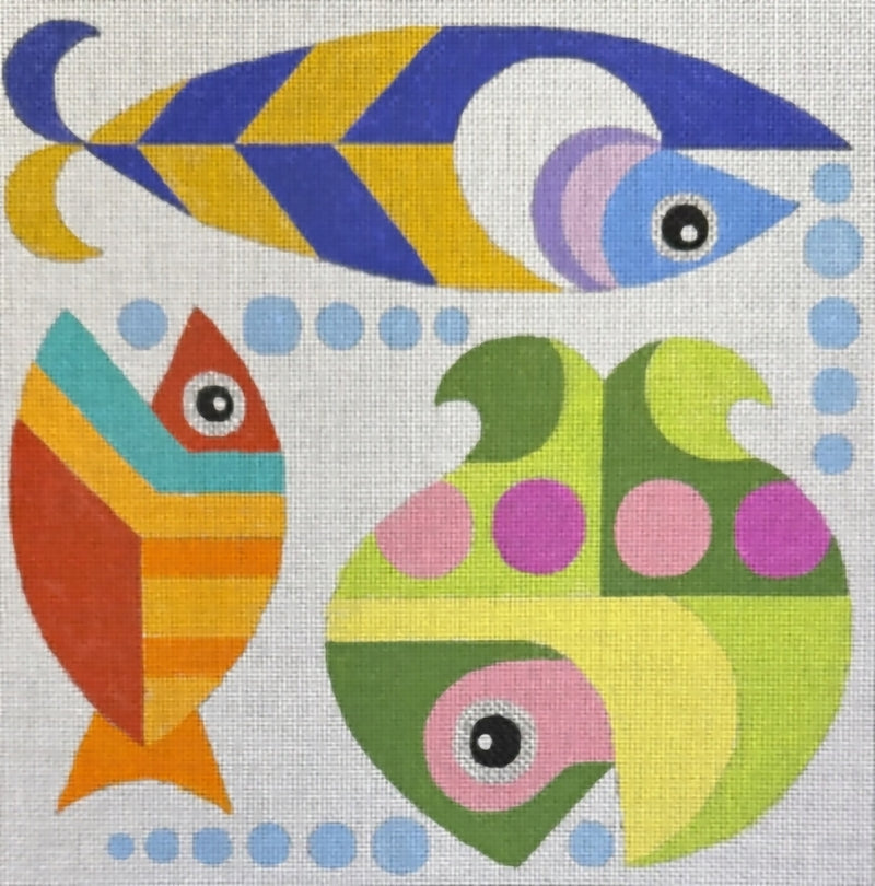 Needlepoint Handpainted Raymond Crawford 3 Fish Square 9x9