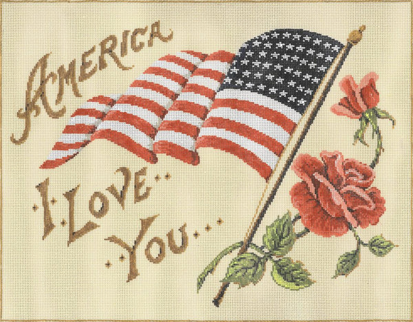Needlepoint Handpainted Sandra Gilmore America I Love You 14x11