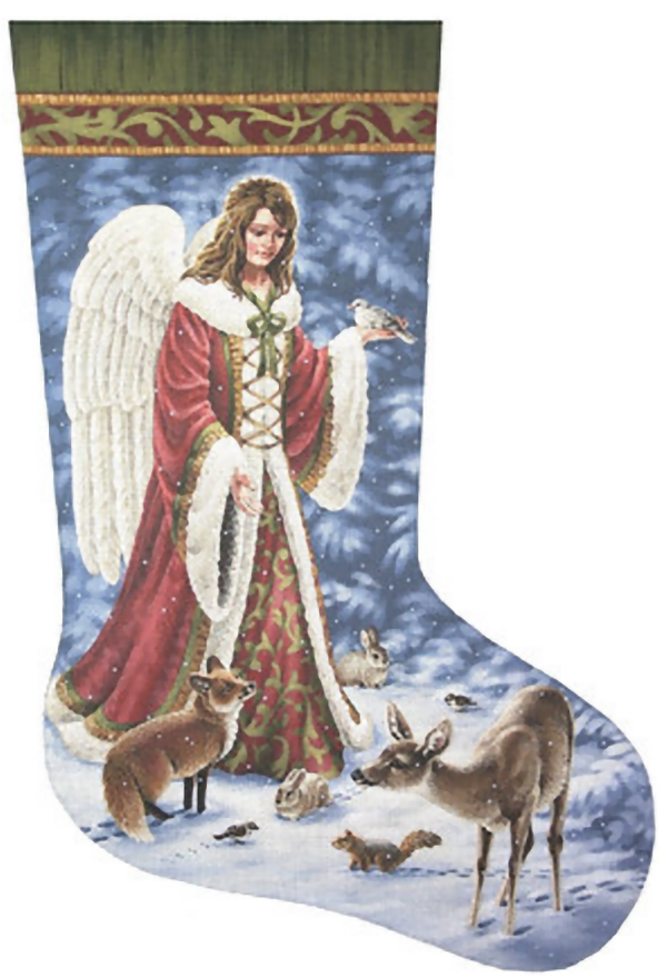 Needlepoint Handpainted Liz Goodrick Dillon Christmas Stocking Angel Wildlife 21"