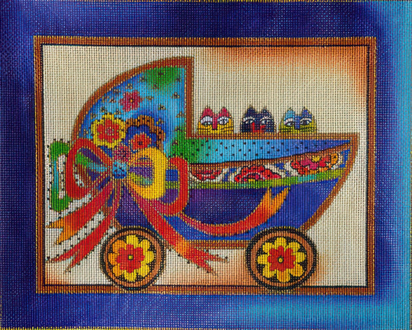 Needlepoint Handpainted Danji Baby Cats in Buggy 8x10