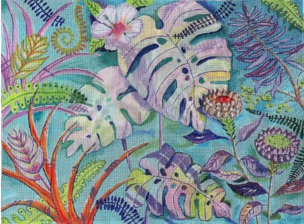 Needlepoint Handpainted Purple Palm Beachside Blooms 12x16