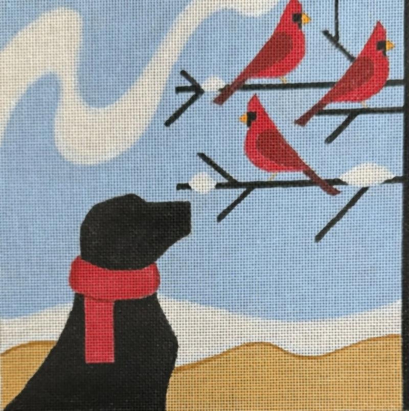 Needlepoint Handpainted Raymond Crawford Black Lab Cardinals