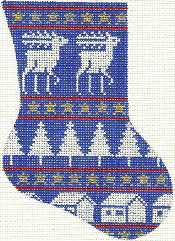 Needlepoint Handpainted Blue Reindeer Minisock Silver Needle 4x6