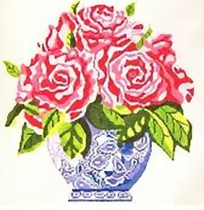 Needlepoint Handpainted Jean Smith Blue Vase of Roses ~ Pink or Coral 14x14