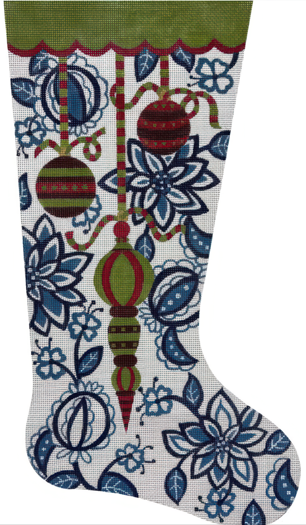 Needlepoint Handpainted Christmas Stocking Alice Peterson Blue White Floral 20"