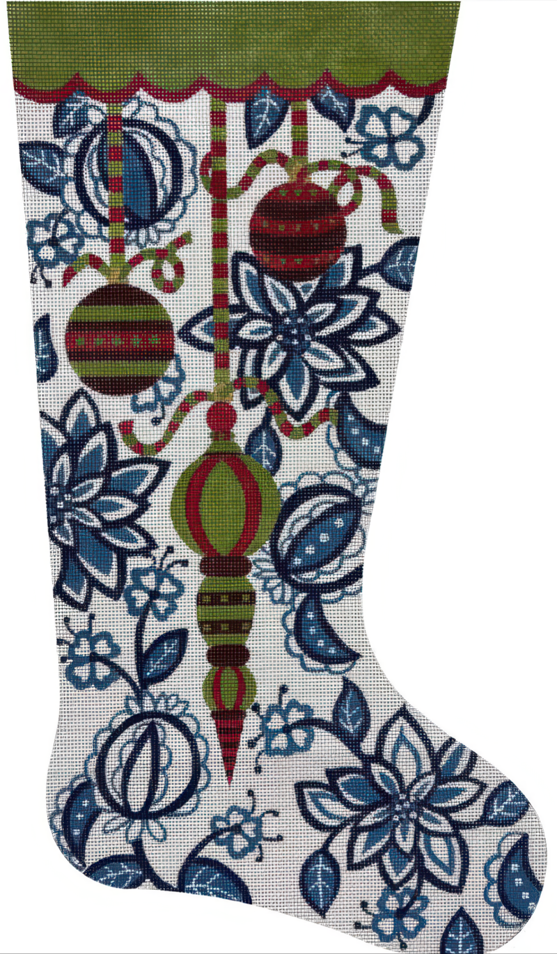 Needlepoint Handpainted Christmas Stocking Alice Peterson Blue White Floral 20"