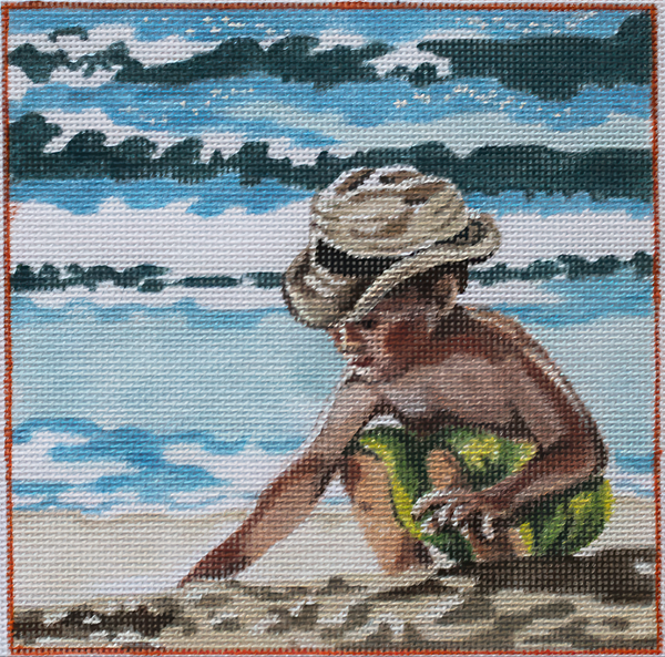 Needlepoint Handpainted PLD Designs Boy Playing in Sand 6x6