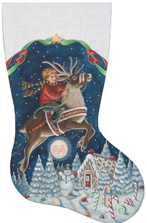 Needlepoint Handpainted Liz Goodrick Dillon Christmas Stocking Boy on Reindeer