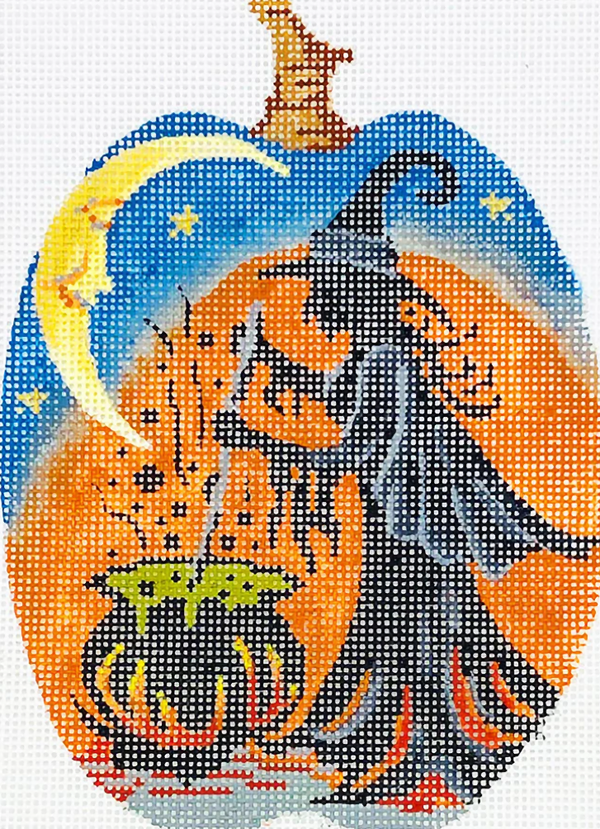 Needlepoint Handpainted Kelly Clark Cauldron Witch Silhouette Pumpkin