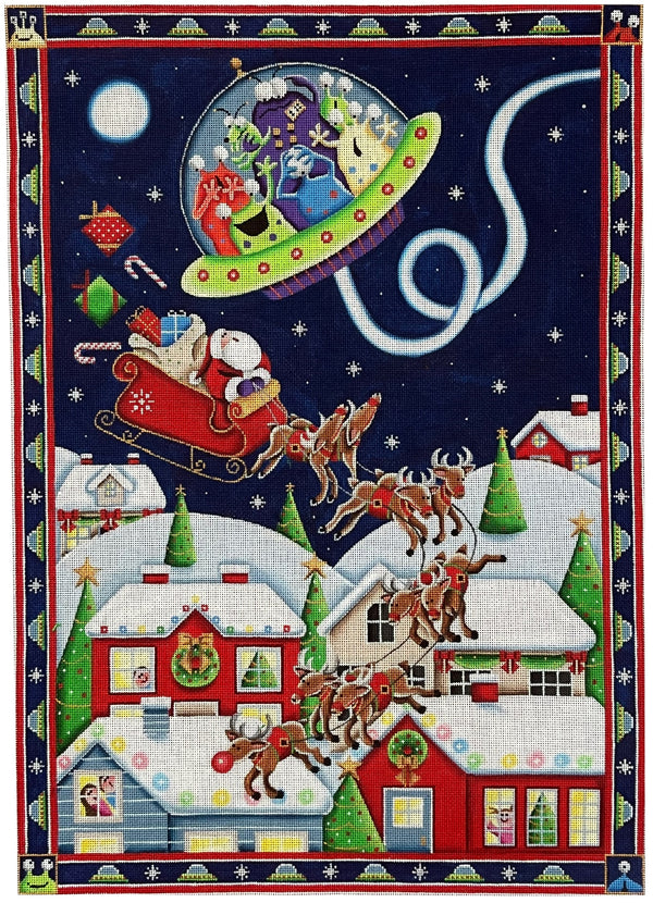 Needlepoint Handpainted Rebecca Wood Christmas Close Encounters 21x15