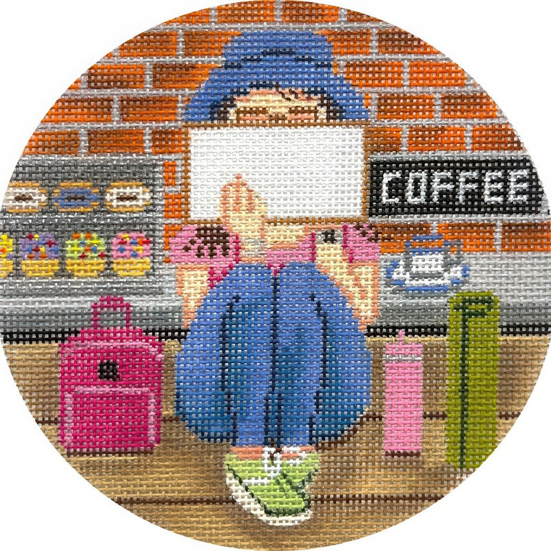 Needlepoint Handpainted Christmas Gayla Elliot Coffee Stitching Girl 5"