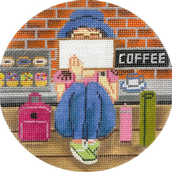 Needlepoint Handpainted Christmas Gayla Elliot Coffee Stitching Girl 5"