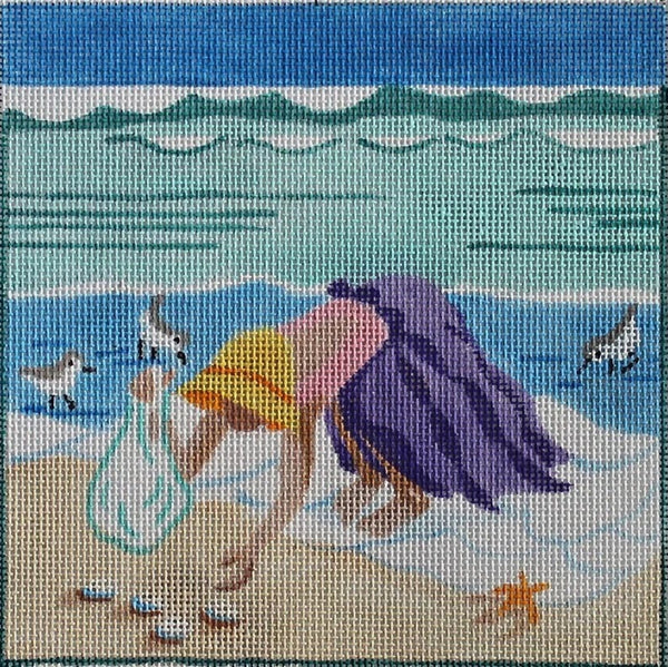 Needlepoint Handpainted Julie Mar Beach Girls Collecting Shells 6x6