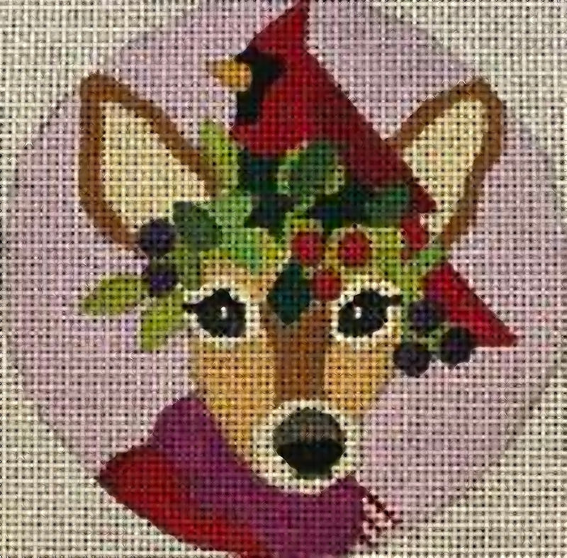 Needlepoint Handpainted Christmas Melissa Prince Fawn and Cardinal 4"