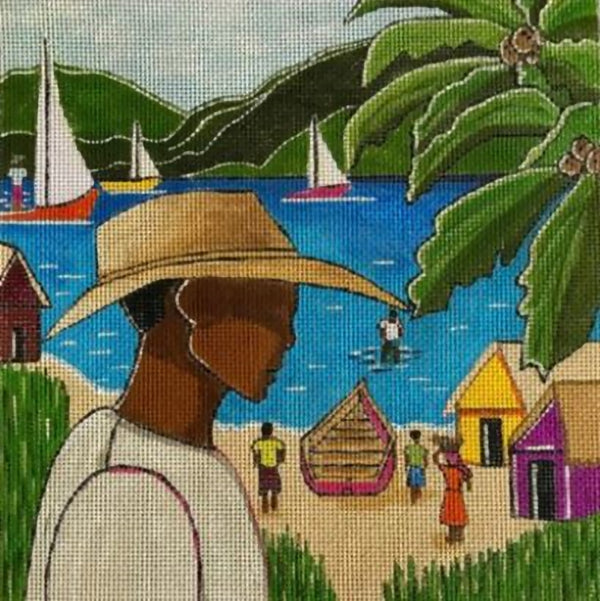Needlepoint Handpainted Purple Palm Fishermen 10x10