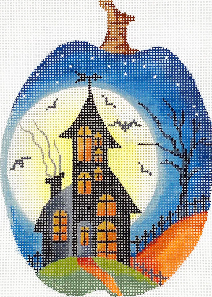 Needlepoint Handpainted Kelly Clark Full Moon House Silhouette Pumpkin