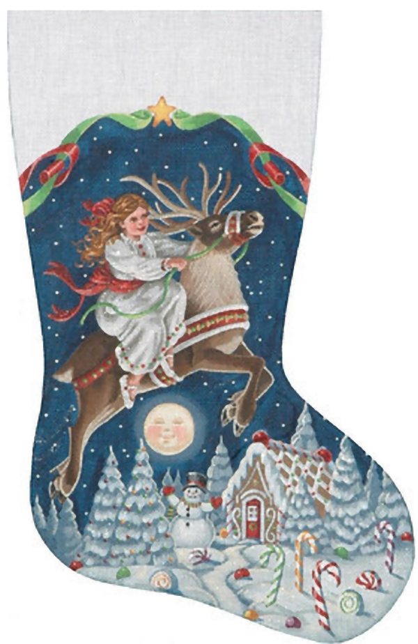 Needlepoint Handpainted Liz Goodrick Dillon Christmas Stocking Girl on Reindeer