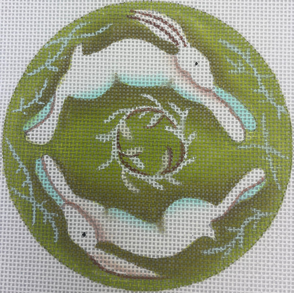 Needlepoint Handpainted Christmas Brenda Stofft Double Hares Green 4"