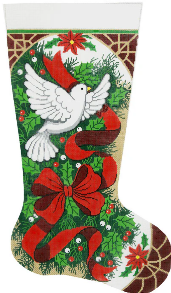 Needlepoint Handpainted Lee Christmas Stocking Holly and Dove 23"