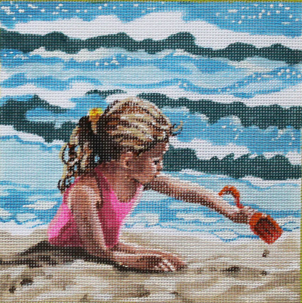 Needlepoint Handpainted Julie Mar Little Girl Playing at Beach 6x6