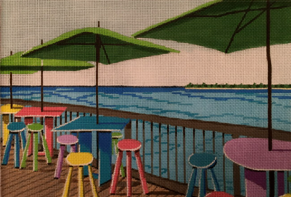 Needlepoint Handpainted Purple Palm Morning on Sunset Pier 7x10