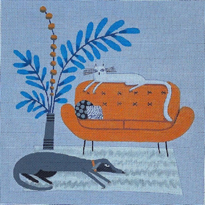 Needlepoint Handpainted Maggie Co Orange Sofa 9x9