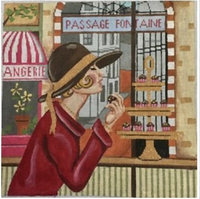 Needlepoint Handpainted Gayla Elliot Parisian Lady with Pastry 10"