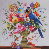 Needlepoint Handpainted Colors of Praise Parrot with Floral Arrangement