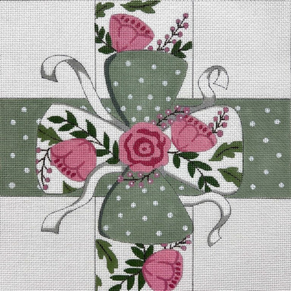 Needlepoint Handpainted Christmas Alice Peterson Pink Flowers Sage Bow
