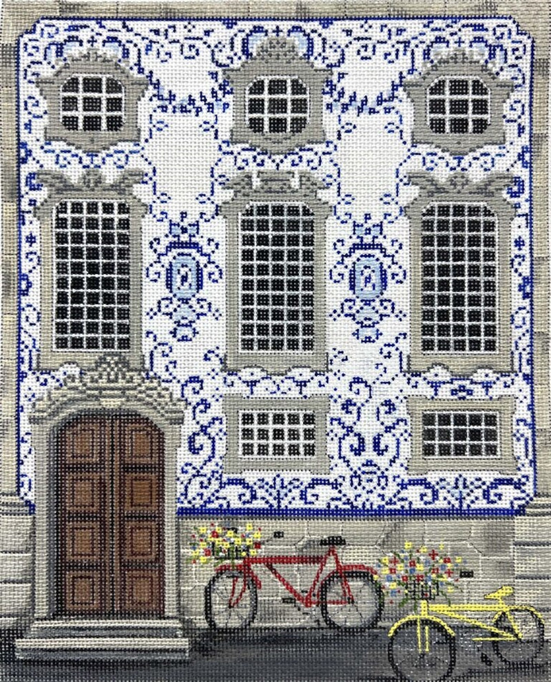 Needlepoint Handpainted Alice Peterson Portuguese Facade Bikes 8x10