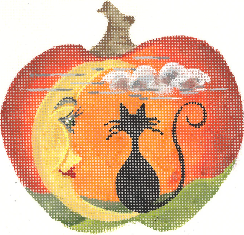 Needlepoint Handpainted Kelly Clark Quarter Moon and Cat Pumpkin