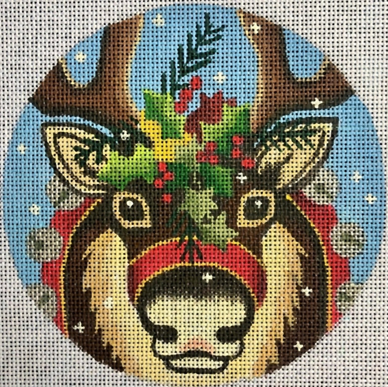 Needlepoint Handpainted Raymond Crawford Reindeer Round 5"