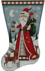 Needlepoint Handpainted Rebecca Wood Christmas Stocking Retro Santa