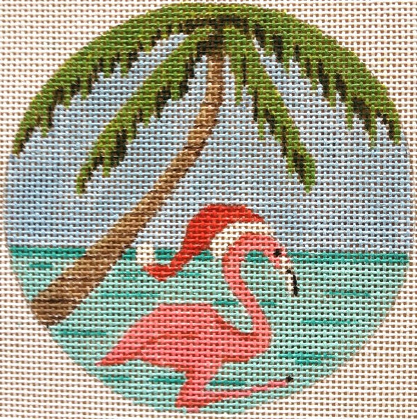 Needlepoint Handpainted Christmas Purple Palm Santa Hat Flamingo 4"