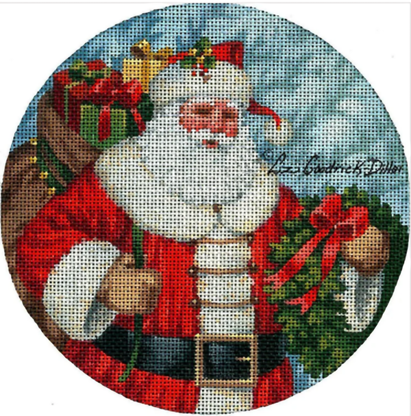 Needlepoint Handpainted Christmas Liz Goodrick Dillon Santa w/ Wreath