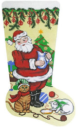 Needlepoint Handpainted Lee Christmas Stocking Santa with Kittens 23"