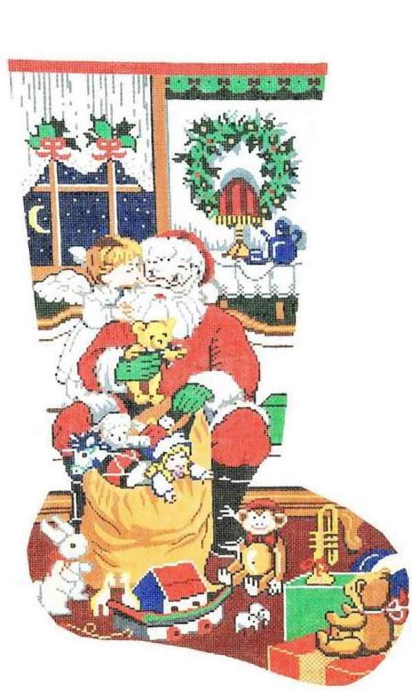 HandPainted Needlepoint Lee Christmas Stocking Santa and Toy Bag 23"