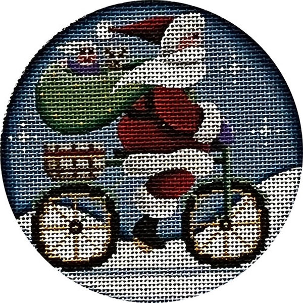 Needlepoint Handpainted Rebecca Wood Christmas Santa on Bicycle 4"
