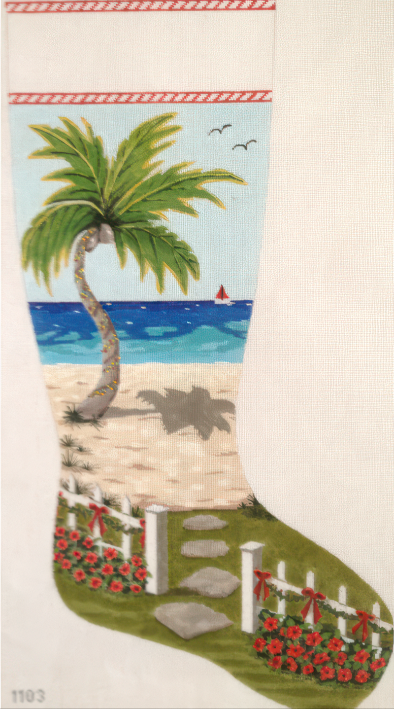 Needlepoint Handpainted Purple Palm Seaside Christmas 22"