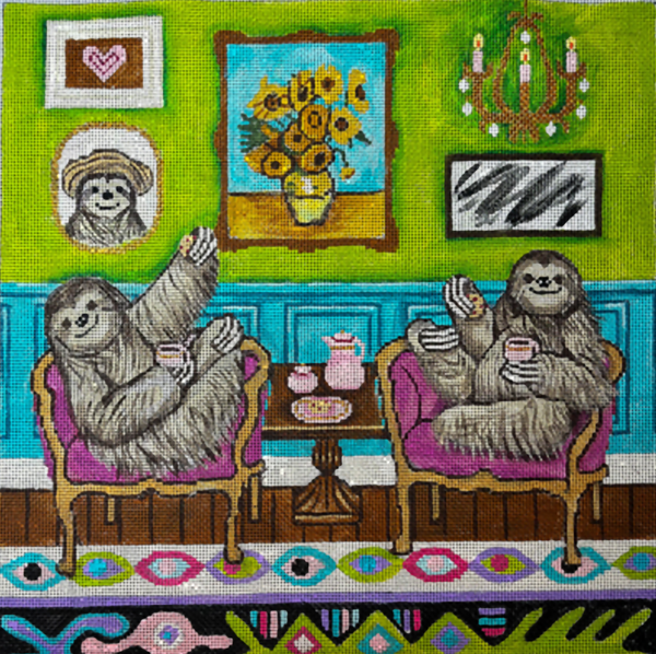 Needlepoint Handpainted Gayla Elliot 2 Sloths with Sunflowers 11"
