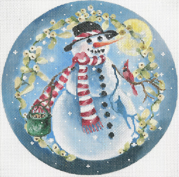 Needlepoint Handpainted Joy Juarez Snowman Red Cardinal 7"