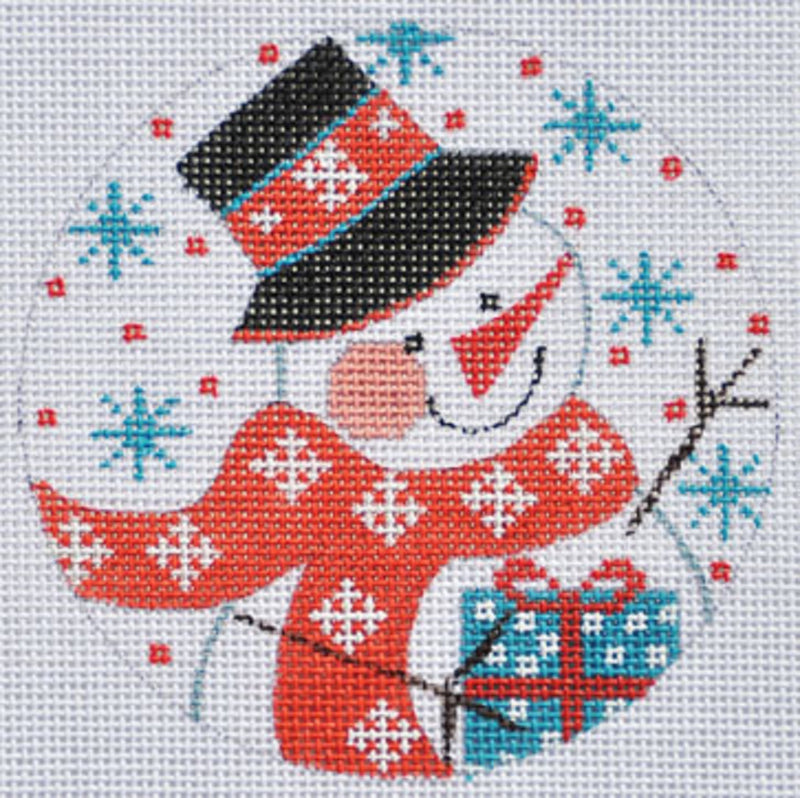 Needlepoint Handpainted Christmas Danji Snowman with Present 4"