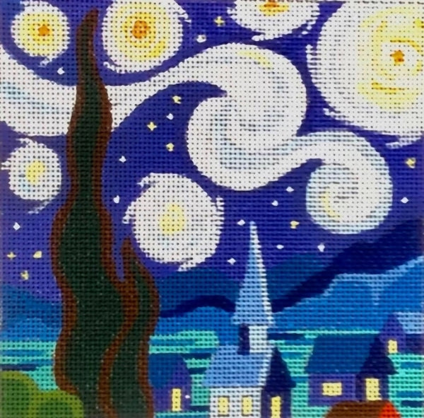 Needlepoint Handpainted Raymond Crawford Starry Night Square 5"